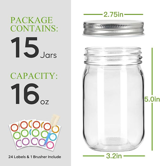 Mason Jars 16 oz with Sliver Lids, 15 Pack Canning Jars, Clear Regular Mouth Glass Jars for Canning and Fermenting, Labels & Brusher Included - Microwave & Dishwasher Safe