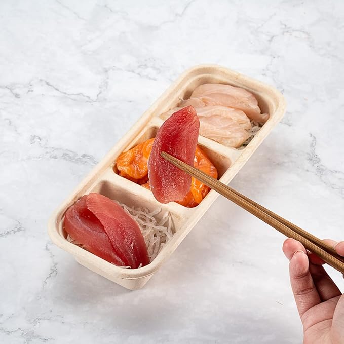 Restaurantware Pulp Tek 9.2 x 3.8 x 1.8 Inch Takeaway Food Boxes 100 Microwavable Take Out Containers - Lids Sold Separately Freezable Bagasse Catering Food Containers 3 Compartments 17 Ounces