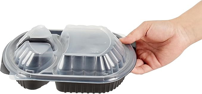 Restaurantware RW Base 27 Ounce Meal Prep Containers, 50 Microwavable To Go Containers With Lids - 3 Compartments, Disposable, Black Plastic Oval Food Containers, For Hot And Cold Food, Freezable