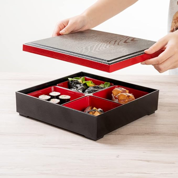 Restaurantware-10 x 2.4 Inch Compartment Lunch Container, 1 Japanese Style Adult Lunch Container - With 4 Compartments, Greaseproof, Black & Red Plastic Divided Lunch Box, For Hot & Cold Food