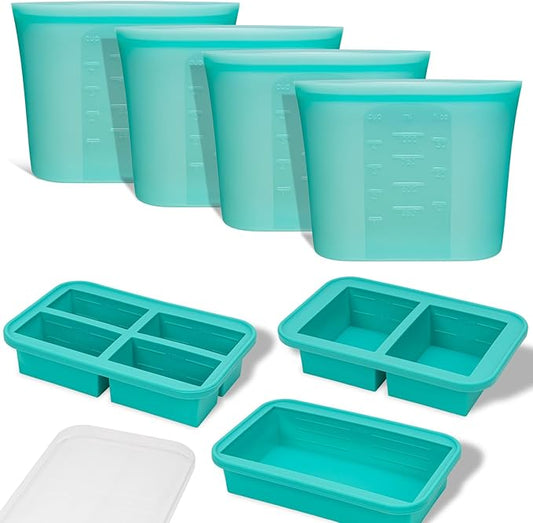 Bundle of 4 Pack 100% Silicone Reusable Food Storage Bags 33.8oz Aqua + 3 Pack Silicone Freezer Trays with Lids Aqua