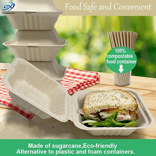Dhaey HGX Food Storage Container, Biodegradable, Grease-Proof 6x6 Clamshell Small Togo Containers, Small Take Out Boxes 50pk. Disposable, Microwavable Take Out Container With Hinged Lid