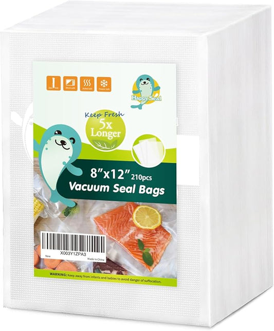 Happy Seal Vacuum Sealer Bags 8" x 12" 210 Quart Size for Food, Pre-cut Food Saver Airtight Vac Storage, Meal Prep or Sous Vide, Commercial Grade Vacuum Seal Freezer Bags