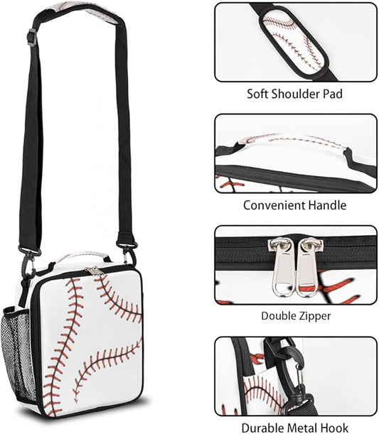 Sport Baseball Kids Lunch Box Baseball Lace Insulated Lunch Bag Tote for Girls Boys Cooler Freezable Meal Prep Bag with Shoulder Strap Waterproof Lunch Container for School Office Picnic