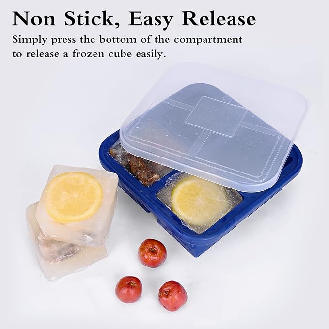 1 Cup Silicone Freezer Tray with Lid 1 Pack - Make 4 Perfect 1-Cup Portions - Easy Release Molds for Food Storage & Freeze Soup, Broth, Stew or Sauce
