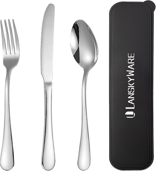 Portable Utensils Set with Case,Reusable Office Flatware Set,Healthy Travel Cutlery Set 3 PCs Stainless Steel Fork, Spoon,Knife Cutlery Ideal for Travel, Lunch Box and Camping (Silver-3PCs)