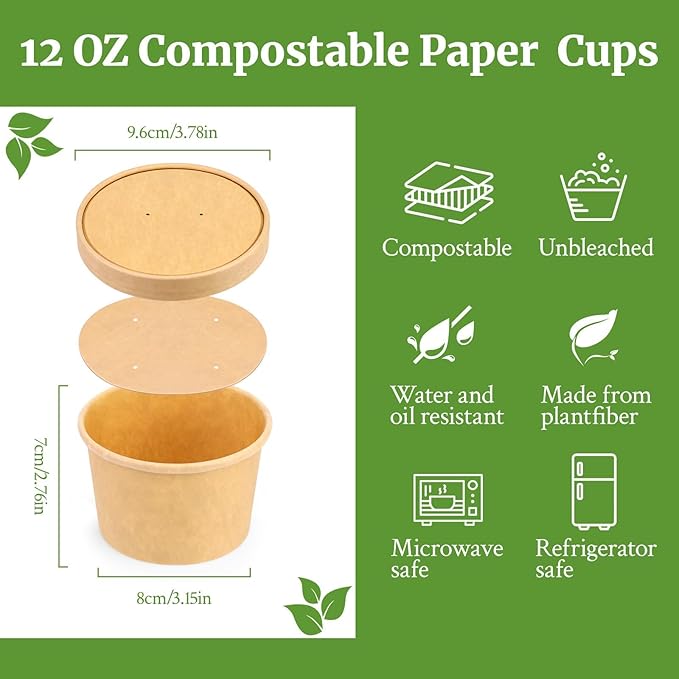 12 oz 25 Pack Paper Soup Cups with Lids, Compostable Soup Containers, Disposable Paper Cups with Vented Lids for Microwave, Refrigerator, On-the-Go, Ice Cream, Hot Soup, Fruits with PLA Lined