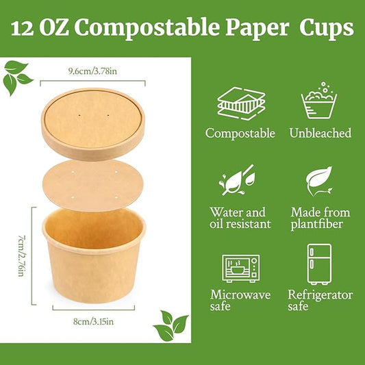 12 oz 25 Pack Paper Soup Cups with Lids, Compostable Soup Containers, Disposable Paper Cups with Vented Lids for Microwave, Refrigerator, On-the-Go, Ice Cream, Hot Soup, Fruits with PLA Lined
