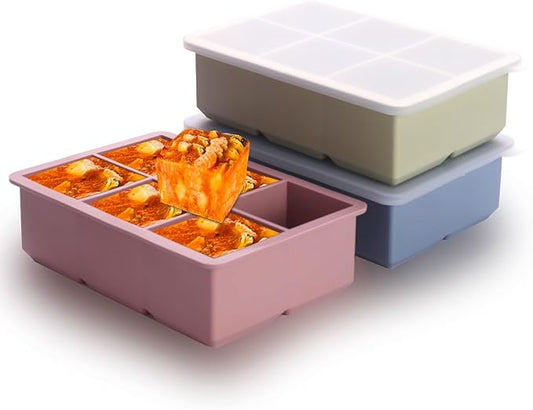 1/2 Cup Silicone Freezer Tray With Lid,Silicone Freezer Molds 3-Pack For meal prep & freezing of various sauces and other dishes, makes 18 perfect 1/2 cup portions cubes (Multicolor 3 Pack)