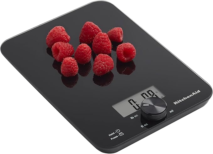 KitchenAid KQ914BA Digital Glass Top Kitchen and Food Scale, 11 lb Capacity, Measures Liquid & Dry Ingredients, Rotating Knob, Precise Results for Baking, Cooking, Keto and Meal Prep, Tare, Black