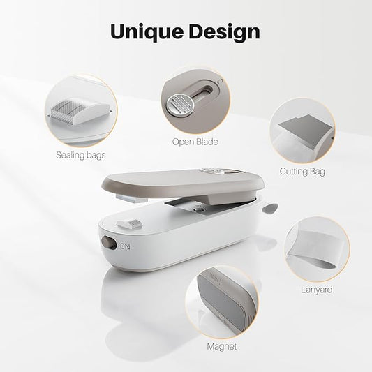 ODSD 2 in 1 Mini Bag Sealer Heat Seal and Cutter With Lanyard - Portable Handheld Chip Heat Sealer for Snacks, Candies, Plastic Food Storage (Batteries Included)