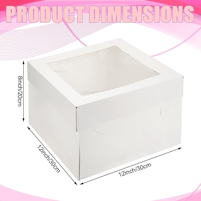 RHBLME 20 PCS Cake Box, 12 Inch Cake Boxes, 12x12x8 Inch Large Bakery Boxes with Window, White Cake Boxes for Father's Day, Birthday Party, Pastries, Desserts, Pie, Mother's Day, etc