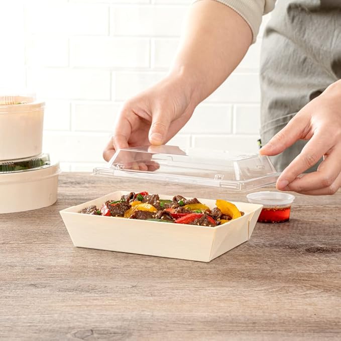 Restaurantware LIDS ONLY: Taipei 6.8 x 5.3 x 1.4 Inch Rectangle Lids 100 Plastic Lids For 20 Ounce Rectangle Wooden Containers - Containers Sold Separately Clear Plastic To Go Box Lids