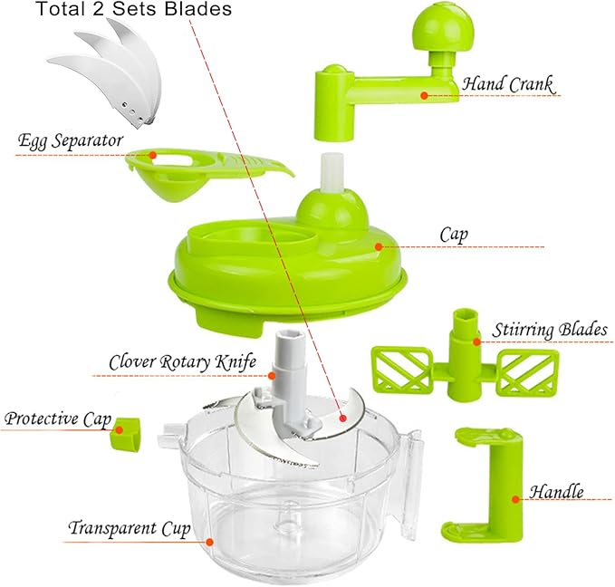 Tenta Kitchen Food processes Hand Crank Food Processor/Manual Food Chopper/Meat Grinder/Vegetable Dicer And Mincer/Fruit Blender With Egg Separator Rotary Onion Chopper(2 Sets steel blades)