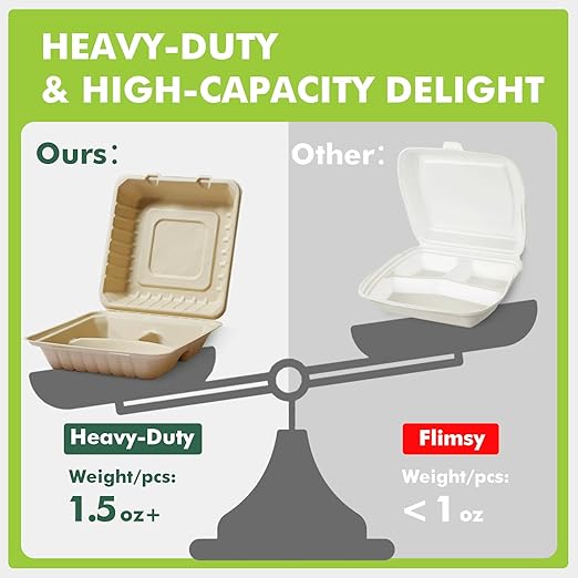 yoyomax [9x9-50Pack 100% Compostable To Go Food Containers with Lids, 3-Compartment Take Out Clamshell Container, Bio Disposable | Eco Friendly | Heavy-Duty Boxes, Made of Sugarcane Fibers