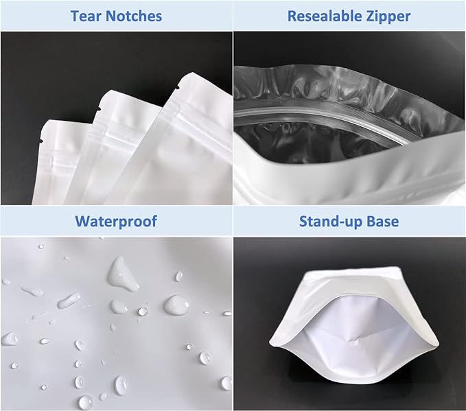 100 Pack Matte White Mylar Stand Up Bags - 5.5x7.8 Inches Resealable Smell Proof Packaging Pouch, Sealable Foil Zipper Bag for Food Storage, Sample Pouches