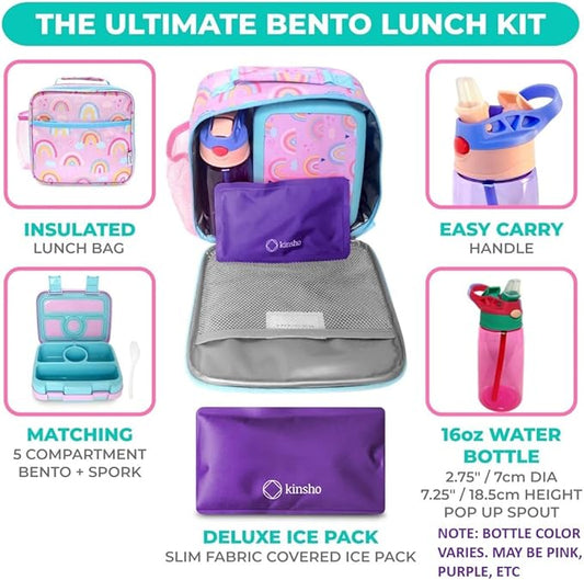 Bento Lunch Box with Insulated Bag, Water Bottle & Ice Pack Set for Kids Toddlers, 4 Portion Sections, Removable Tray, Pre-School Girl Kid Toddler Daycare Lunches, Snack Container, Purple Rainbow