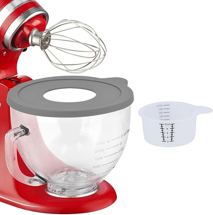 Tilt-Head Stand Mixer Glass Bowl, 5 QT,Compatible with Kitchenaid Artisan&Classic Series,Glass Bowl with Lid,Mixer Bowl Cover to Prevent Spilling of Ingredients,Contemporary with Grey Lid