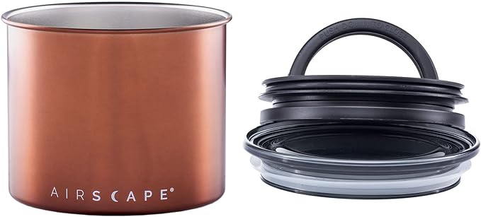 Planetary Design Airscape Stainless Steel Coffee Canister | Food Storage Container | US Patented Airtight Lid | Push Out Excess Air Preserve Food Freshness (Small, Brushed Copper)