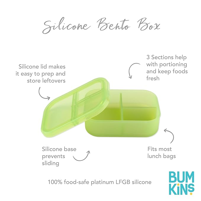 Bumkins Snack/Lunch Bento Box for Kids and Adults, 3 Compartment Container, Leak Proof Lid, for Portioning, Large Section Can Hold Sandwich, Food-Safe LFGB Platinum Silicone, Microwave-Safe, Green