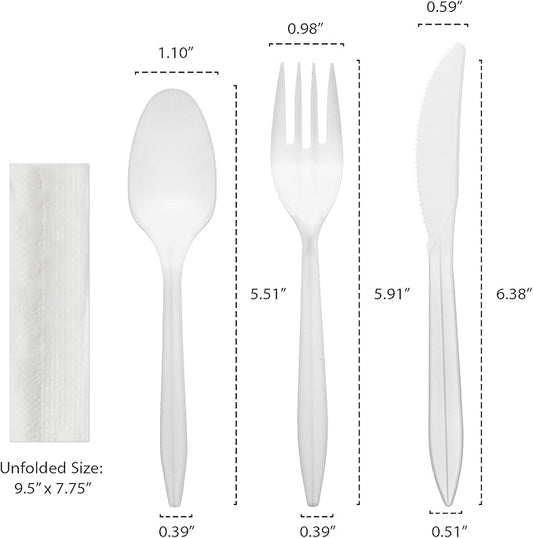 Party Essentials Individually Wrapped Plastic Cutlery Packets/Silverware Kits, White Fork/Spoon/Knife/Napkin, 50 Sets