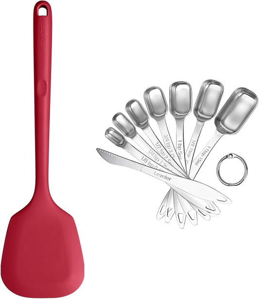 U-Taste 600ºF Heat Resistant 13.6in Long Solid Silicone Turner Spatula, and 18/8 Stainless Steel Square Measuring Spoons Set of 8 (Red+Silver)