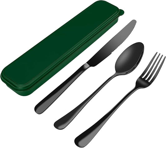 Portable Cutlery Set With Case - 18/8 Stainless Steel Spoon and Fork for Lunch Box, 3 PCs Silverware Ideal for Travel, Camping, Office