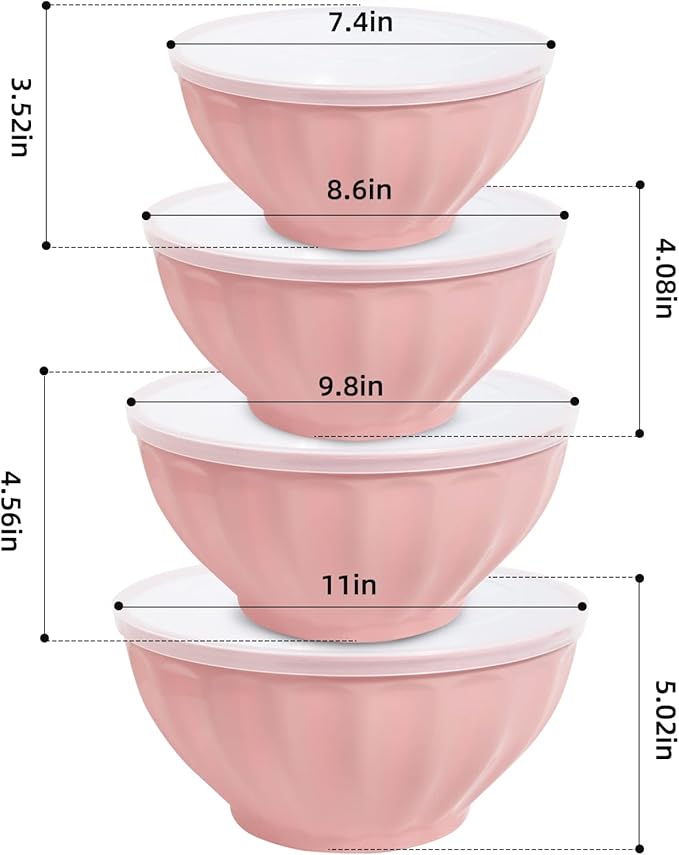 Mixing Bowls with Lids Set,4 Piece Large Plastic Nesting Bowls,Includes 4 Microwave safe Mixing Bowl and An Egg Whisk for Kitchen Prepping,Baking,Cooking Food, Pink