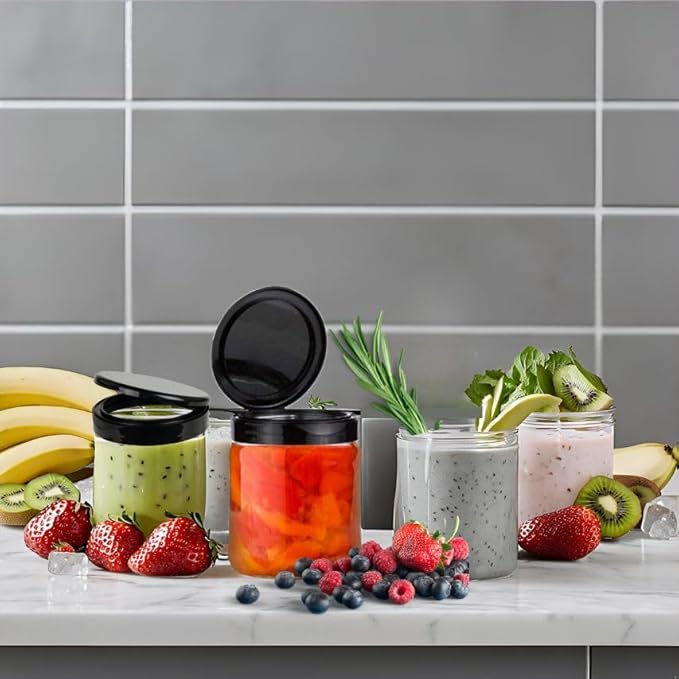 Jarming Collections Mason Jars - 16 oz Glass Extra Wide Mouth Pint Storage Jars with Black Flip Snap Lids - Made in USA