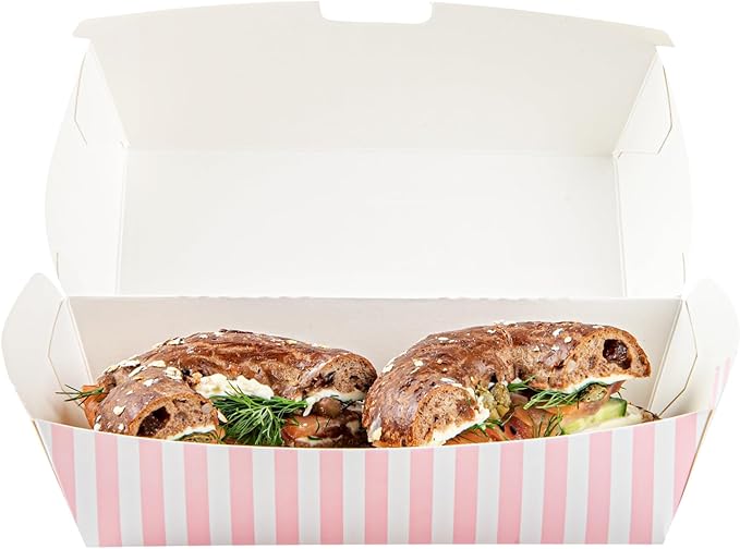 Restaurantware Bio Tek 6.7 x 3.5 x 3.5 Inch Clamshell Food Containers 100 Disposable Sandwich Containers - Hinged Lid Tab-Lock Closure Pink And White Paper Hot Dog Containers Greaseproof