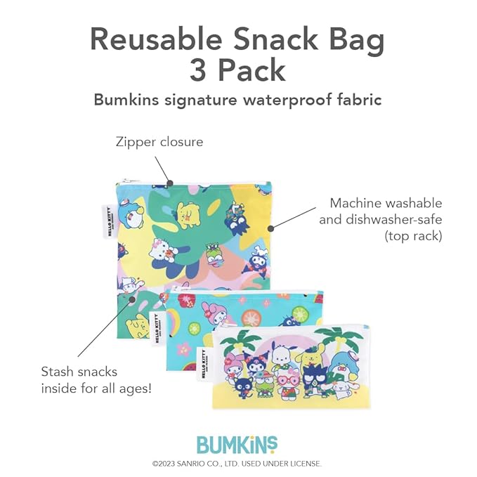 Bumkins Reusable Sandwich and Snack Bags, for Kids School Lunch and for Adults Portion, Washable Fabric, Waterproof Cloth Zip Bag, Travel Pouch, Food-Safe Storage, 3-pk Hello Kitty