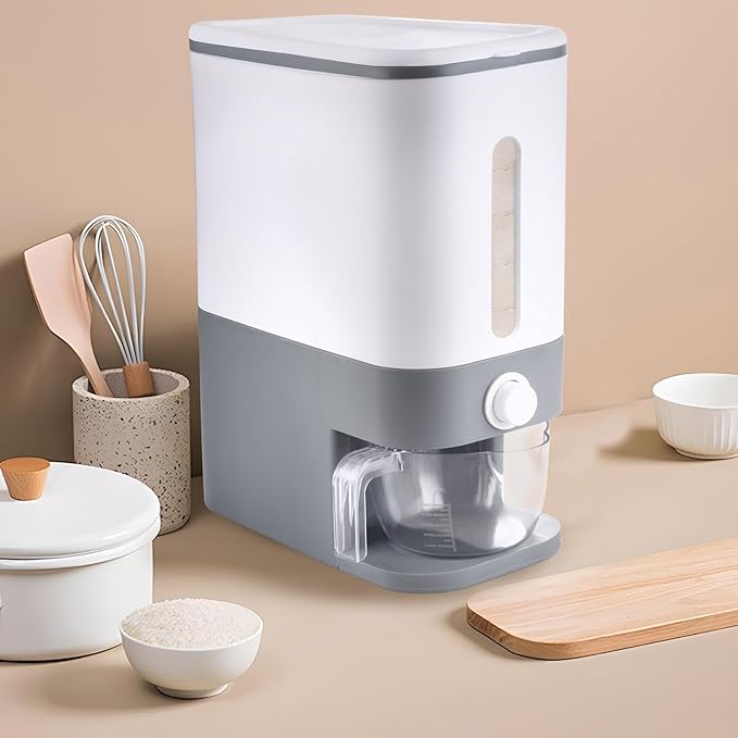 Rubtlamp 22.5-25 Lbs Gray Rice Dispenser, Rice Container with Lid, Rice Storage Container with Measuring Cup, Food Dispenser Rice Container, Storage Container for Cereal, Household Rice Bucket