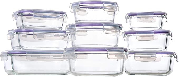Bayco Glass Storage Containers with Lids, 9 Sets Meal Prep Container Airtight, Glass Food Storage Containers, Container Sets for Food Storage with Lids - (Purple)