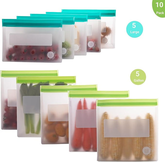 Reusable Silicone Food Storage Bags – 10-Pack Stand-Up, BPA-Free, Freezer, Dishwasher Safe & Eco-Friendly – 5 Gl, 5 L Bags – Airtight Leakproof Silicone Ziplock Bags for Kitchen Storage (Multicolor)