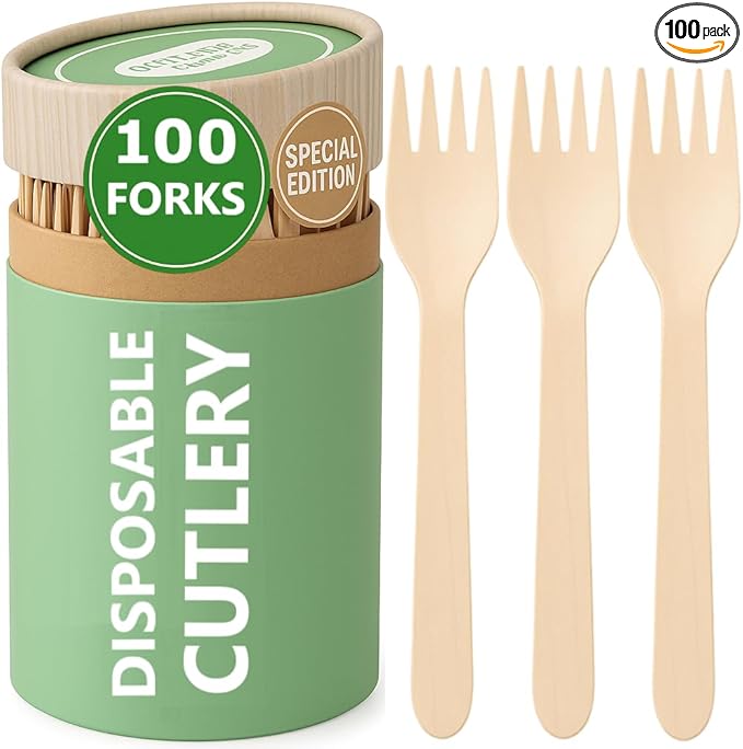 (100 Count) Disposable Wooden Forks Set - Alternative to Plastic, Eco Friendly, Biodegradable, Compostable Cutlery Set - 100 Forks Disposable Utensils Set