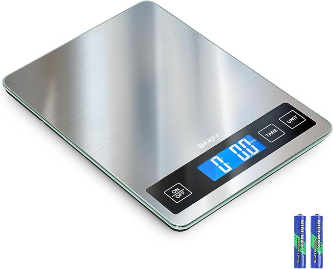 33LB Digital Kitchen Scale with Tempered Glass and Stainless Steel Surface, 1g/0.1oz Food Scale with Backlight Display, AAA Batteries, for Baking, Making Sourdough Bread, Meal Prepping