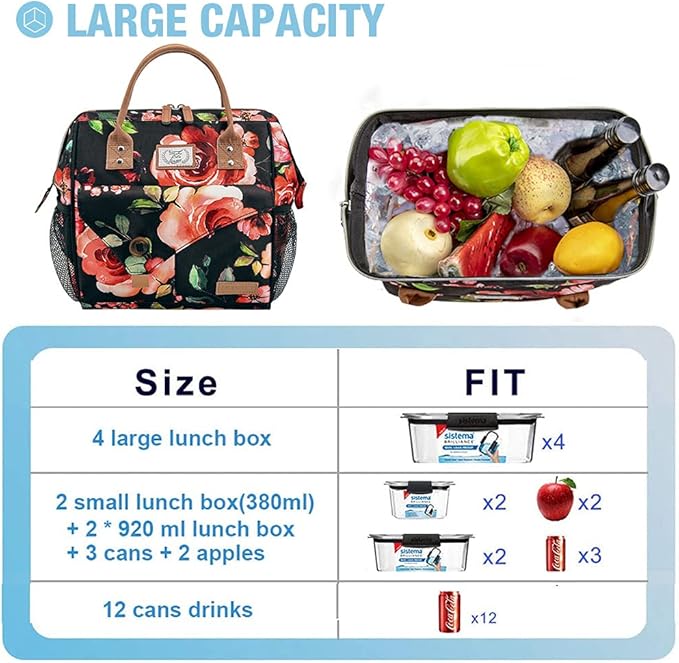 Lekesky Lunch Bag for Women Insulated Lunch Box for Work Tote Lunch Bag Adult Cooler Bag, Floral