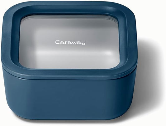 Caraway Glass Food Storage - 4.4 Cup Glass Container - Ceramic Coated Food Container - Non Toxic, Non Stick Lunch Box Container with Glass Lids - Dishwasher, Oven, & Microwave Safe - Navy