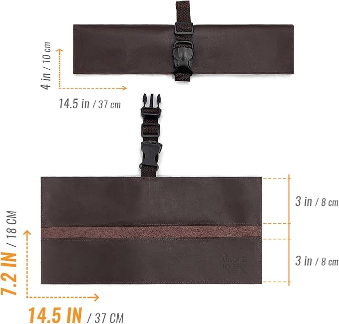 Under NY Sky Genuine Leather Knife Roll Case - 2 Slots - Real Leather Pouch - Portable Bag for Cooking Tools, Utensils, Cutlery Knives, Brushes - Chefs, Kitchen, Travel, Gift - Brown L