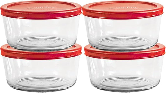 Anchor Hocking SnugFitTM Round Food Storage Containers with Lids (4-Piece, 7-cup, Red, oven-safe)