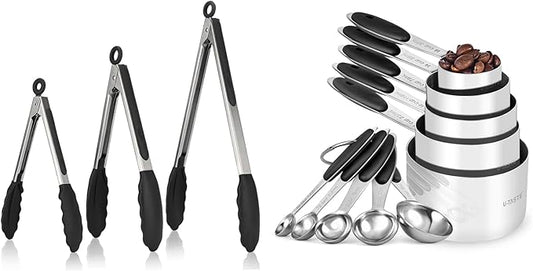 U-Taste 600ºF High Heat-Resistant Non-Stick Kitchen Cooking Tongs, and Upgraded Measuring Cups and Spoons Set of 10 with Reinforced Welded Handle (Black)