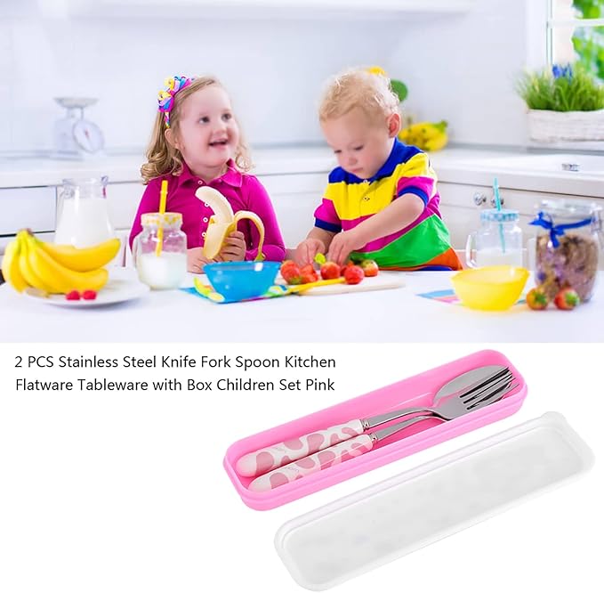 Children Flatware Set, Stainless Steel Fork Spoon with Storage Box Kids Utensils Spoon Fork Set Toddler Travel Utensils for Kids Toddlers (Pink)