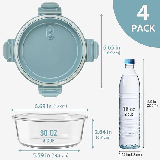 8 PCS Glass Meal Prep Containers with Lids, Airtight 4 Cup Glass Storage Containers Set, Heat-Resistant BPA-Free Glass Containers for Soup Leftover, Microwave, Dishwasher, and Freezer Safe (4 Packs)