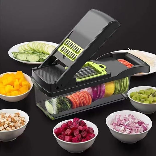 Multifunctional Vegetable Chopper - 16 in 1 Food Chopper With 8 Blades, Slicer, Dicer, Cutter for Onions, Carrots and More - Container Included (Grey)