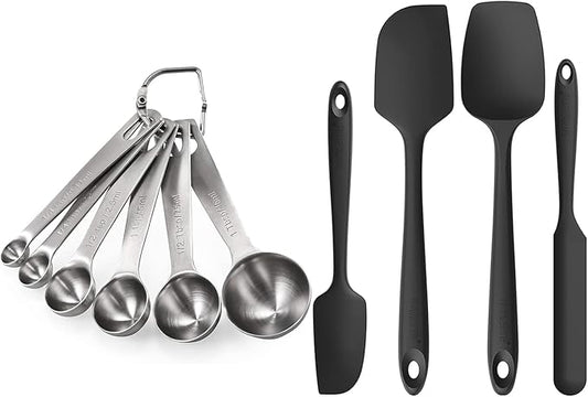 U-Taste 18/8 Stainless Steel Measuring Spoons Set for Dry and Liquid Ingredients, and Upgraded 600ºF High Resistant Flexible and Sturdy Silicone Spatula Set of 4 (Black)