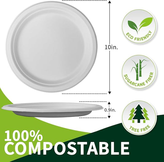 150 Pieces 10" White Compostable Sugarcane Fiber Plates - Heavy Duty, Microwave & Freezer Safe, BPA Free, Biodegradable - Perfect for Daily Meals, Parties, Weddings