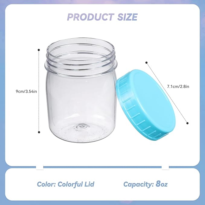 novelinks 8oz Plastic Jars With Lids Colorful Lid Mason Jars 32 Pack 8 oz Plastic Containers With Lids For Diy Food Milkshake Salads Snake Jams Spices (32)