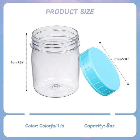 novelinks 8oz Plastic Jars With Lids Colorful Lid Mason Jars 32 Pack 8 oz Plastic Containers With Lids For Diy Food Milkshake Salads Snake Jams Spices (32)