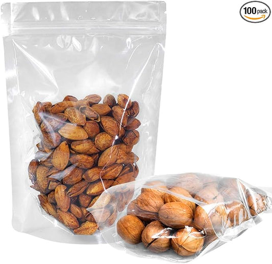 100 Pack Reusable Clear Stand Up Mylar Food Storage Bags, 5.9x8.7+3.2inch, Polyethylene (PE) Mylar Bags Made of Premium PE, Self Seal, BPA Free