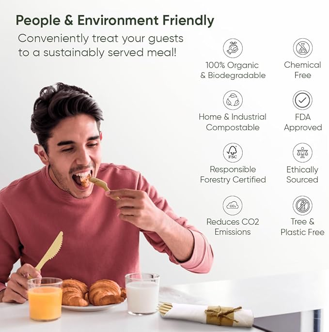 Premium Pre Rolled Napkin and Bamboo Cutlery Set (10 Pack, 40 PCS) 100% Biodegradable, Eco-Friendly, Disposable Wrapped Cutlery - Pre-Wrapped Bamboo Forks, Knives, Spoons, Napkins, Brown Roll